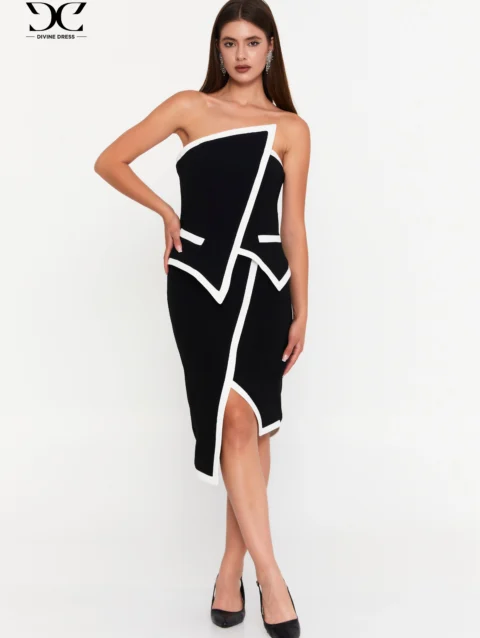 Robe noire et blanche élégante pour femme, tenue chic soirée