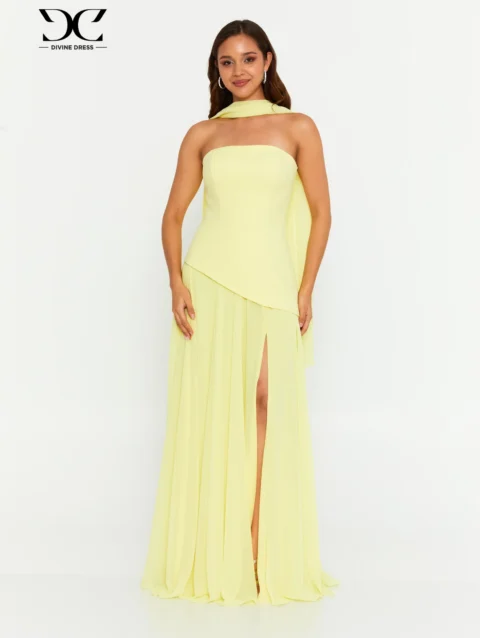 Robe longue bustier jaune pastel en satin fluide avec fente élégante, idéale pour mariage, cocktail ou soirée chic