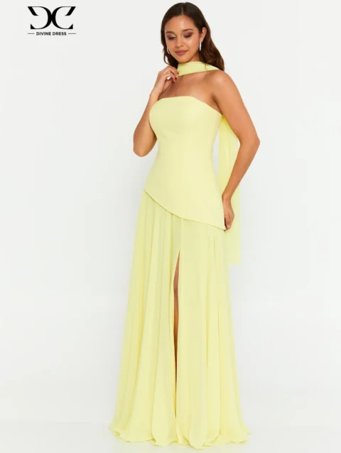 Robe de soirée longue jaune pastel bustier moderne