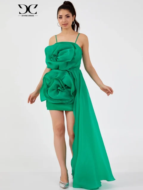 Robe courte verte à fleurs avec bustier et drapé, élégante pour soirées et mariages