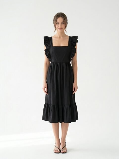 Mannequin portant la robe mi-longue noire 'Shadow' avec encolure carrée, bretelles à volants et jupe froncée, de la marque Divine Dress.