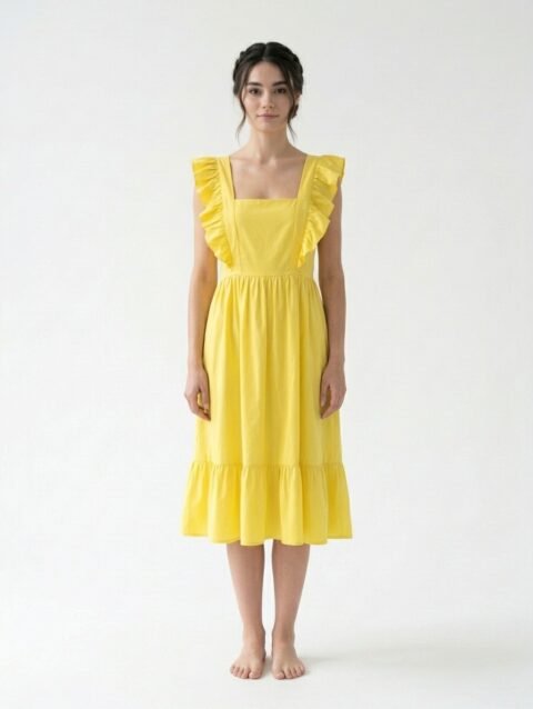 Mannequin portant la robe mi-longue jaune 'Shadow' avec encolure carrée, bretelles à volants et jupe froncée, de la marque Divine Dress.