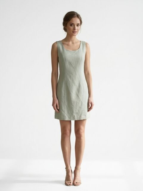 Mannequin portant la robe courte minimaliste vert sauge 'Muted Sage' avec col rond et coupe sans manches, de la marque Divine Dress.