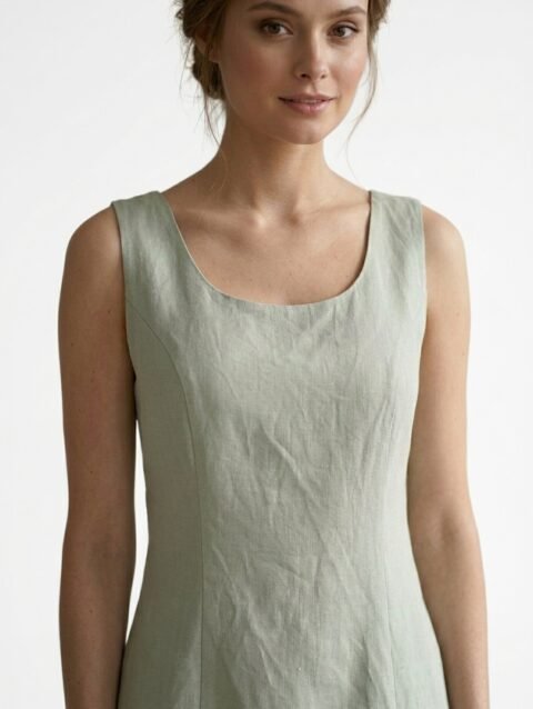 Mannequin portant la robe courte minimaliste vert sauge 'Muted Sage' avec col rond et coupe sans manches, de la marque Divine Dress.