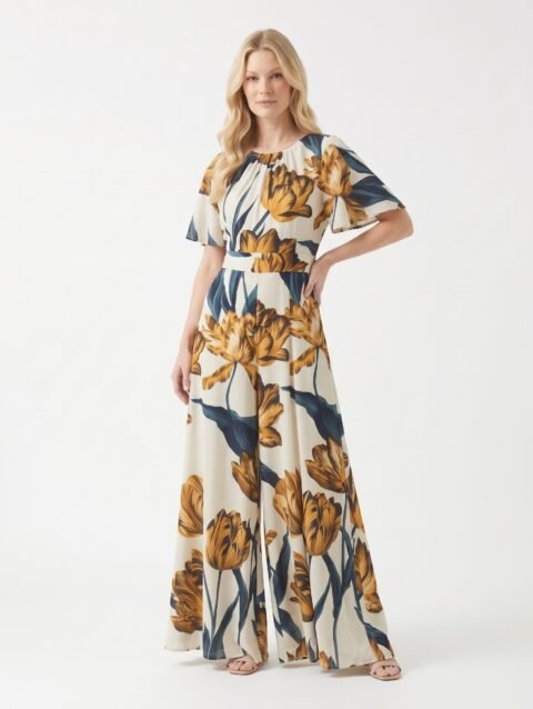 Mannequin portant la combinaison pantalon fluide crème à grand imprimé floral tulipes 'Flourish', avec manches évasées et taille marquée, de la marque Divine Dress.