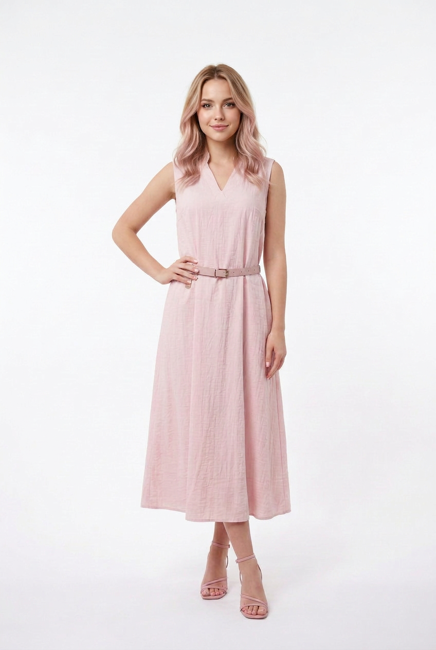 Mannequin portant la robe midi rose clair 'Summer Serenity', sans manches avec un col en V discret et une fine ceinture, de la marque Divine Dress.