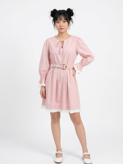 Adoptez un style doux et féminin avec la robe rose 'Azure' de Divine Dress. Finitions blanches délicates, col à nouer et taille ceinturée. Commandez-la.