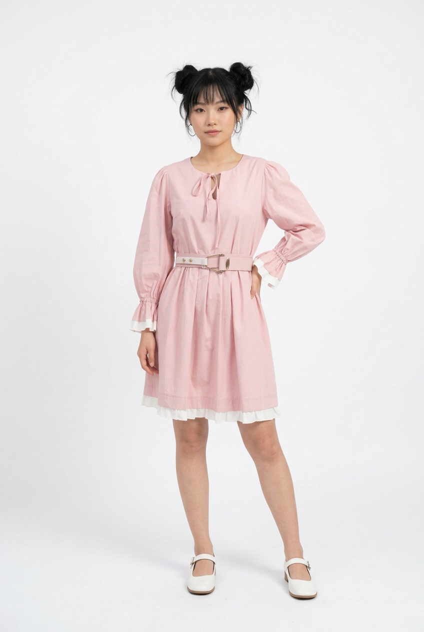 Adoptez un style doux et féminin avec la robe rose 'Azure' de Divine Dress. Finitions blanches délicates, col à nouer et taille ceinturée. Commandez-la.
