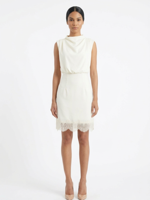 Mannequin portant la robe courte blanche 'Breeze' avec col bénitier drapé et ourlet en dentelle ton sur ton, de la marque Divine Dress.