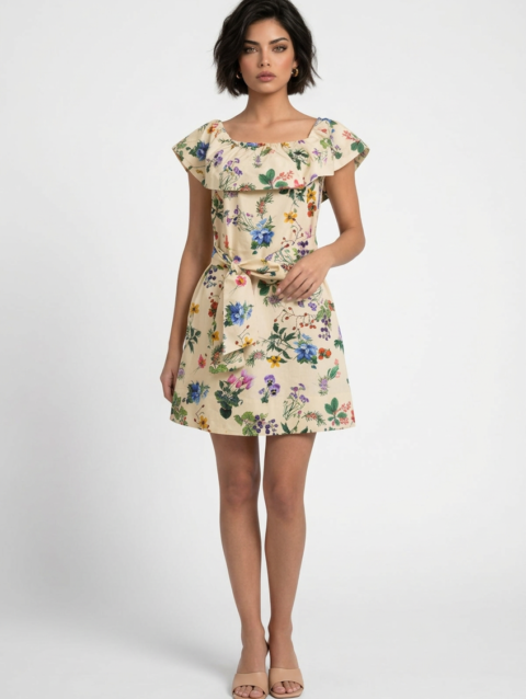 Mannequin portant la robe courte beige clair à imprimé floral 'Bow Elegance', avec large volant à l'encolure et ceinture nouée, de la marque Divine Dress.