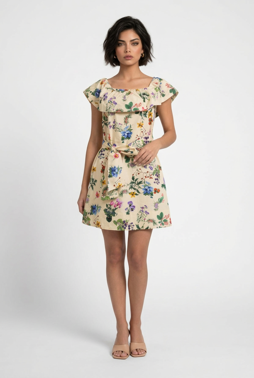 Mannequin portant la robe courte beige clair à imprimé floral 'Bow Elegance', avec large volant à l'encolure et ceinture nouée, de la marque Divine Dress.