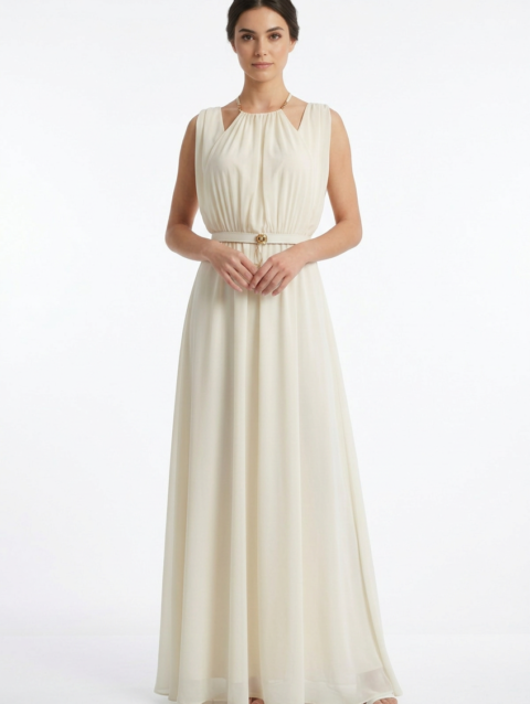 Mannequin portant la robe longue fluide crème 'Soft Lilac' avec encolure froncée, détails dorés et fine ceinture, de la marque Divine Dress.
