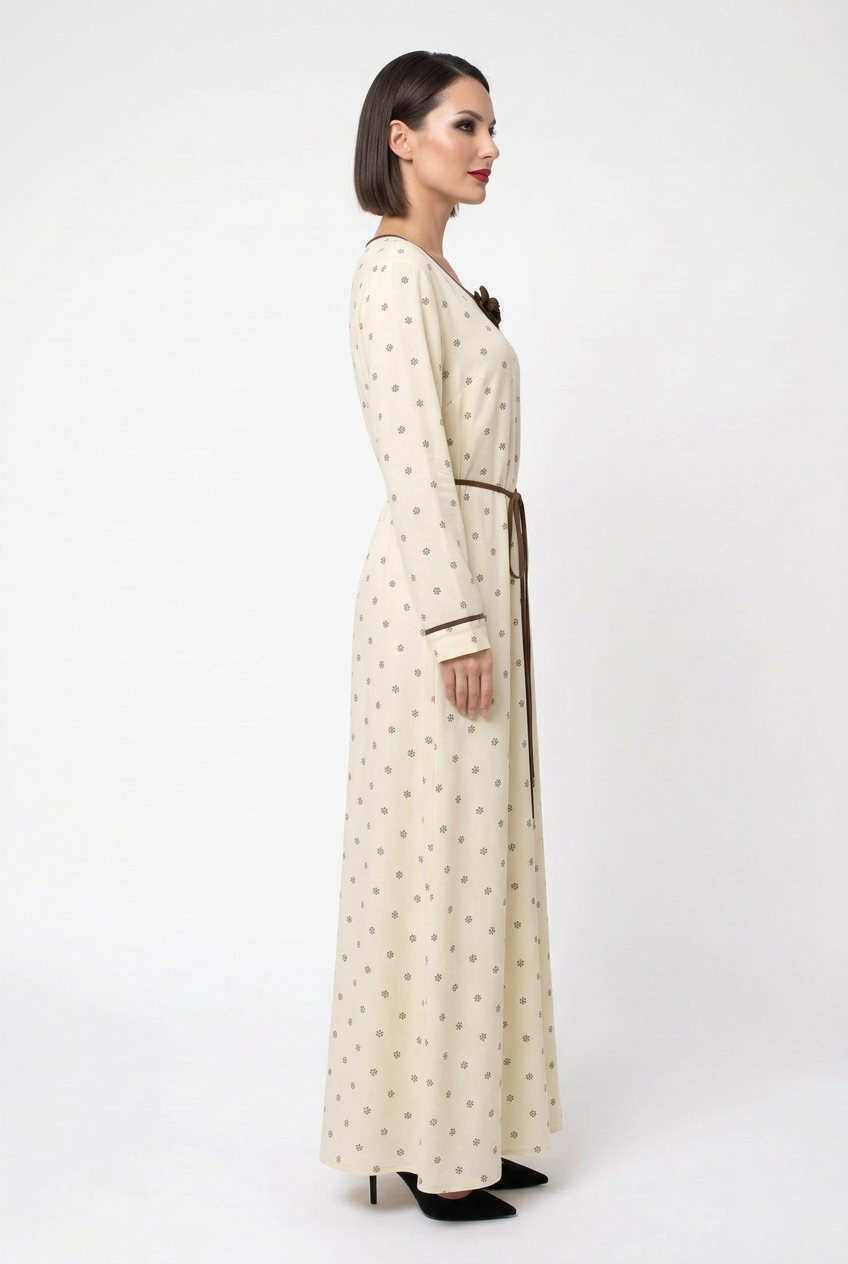 Mannequin portant la robe longue crème à petits motifs 'Clarity', avec manches longues, fleur décorative au col et fine ceinture à nouer marron, de la marque Divine Dress.