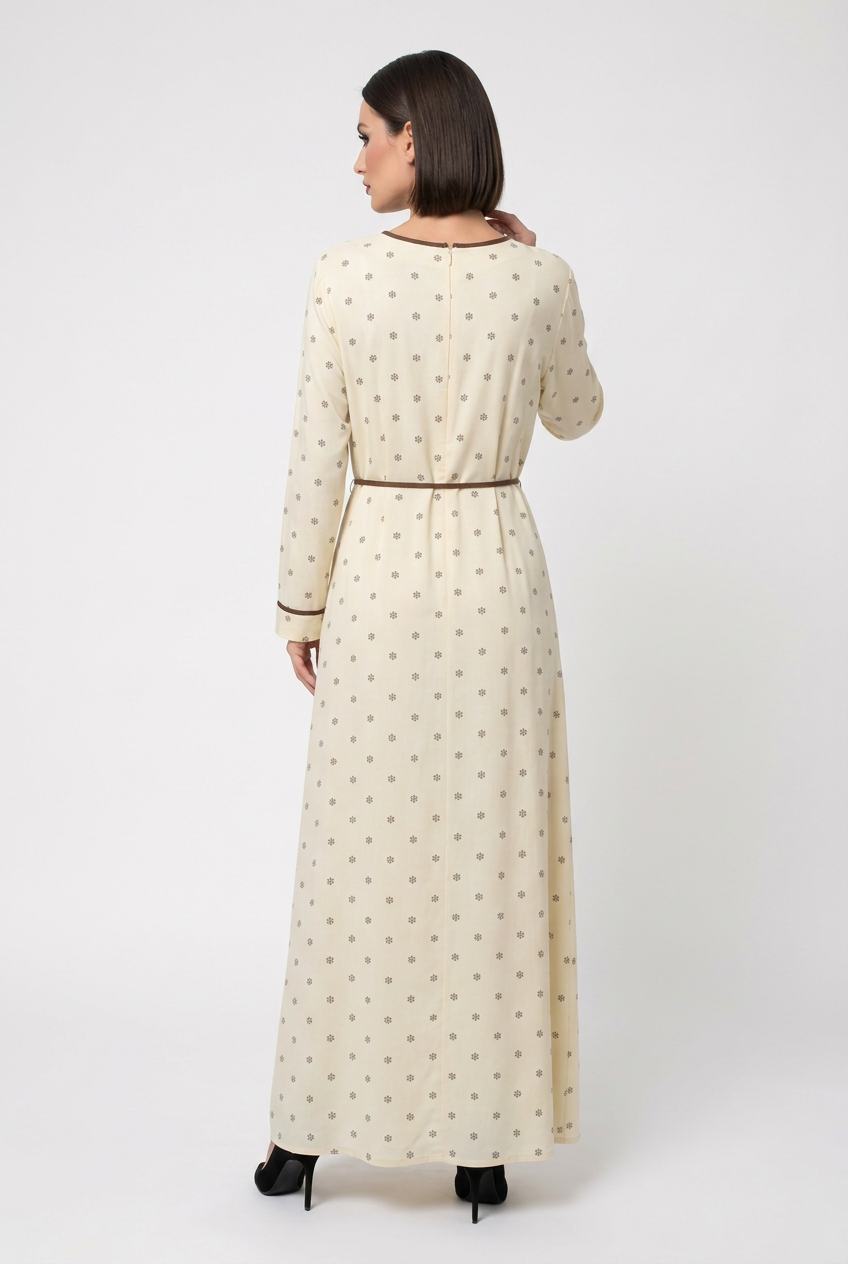 Mannequin portant la robe longue crème à petits motifs 'Clarity', avec manches longues, fleur décorative au col et fine ceinture à nouer marron, de la marque Divine Dress.