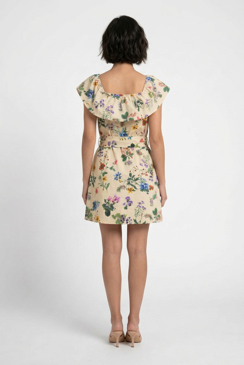 Mannequin portant la robe courte beige clair à imprimé floral 'Bow Elegance', avec large volant à l'encolure et ceinture nouée, de la marque Divine Dress