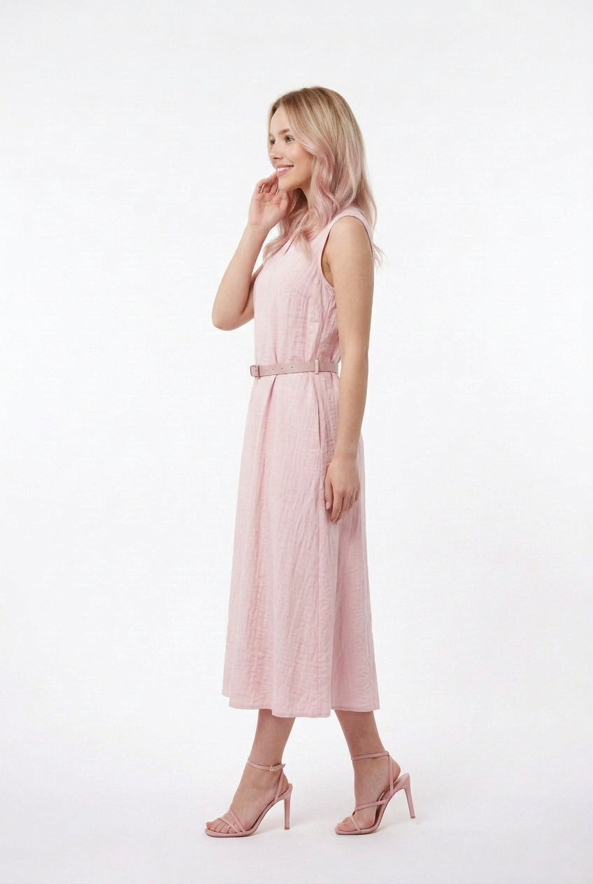 Mannequin portant la robe midi rose clair 'Summer Serenity', sans manches avec un col en V discret et une fine ceinture, de la marque Divine Dress.
