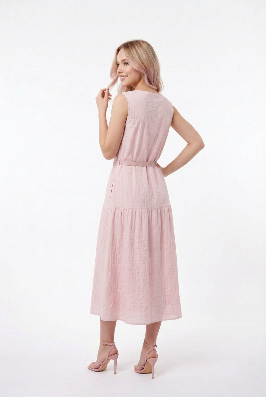 Mannequin portant la robe midi rose clair 'Summer Serenity', sans manches avec un col en V discret et une fine ceinture, de la marque Divine Dress.