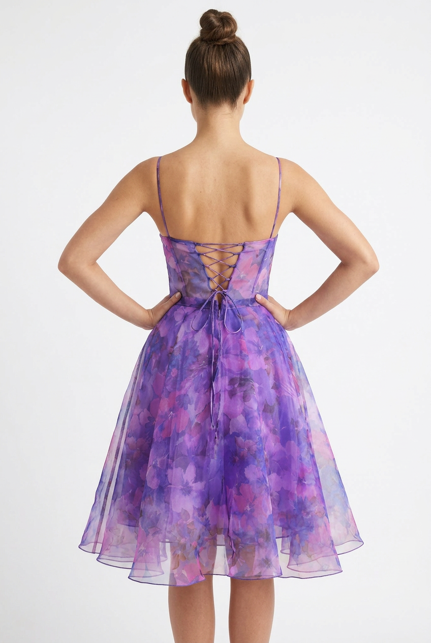 Mannequin portant la robe courte violette à imprimé floral 'Blossom' avec corsage bustier et jupe évasée, de la marque Divine Dress.