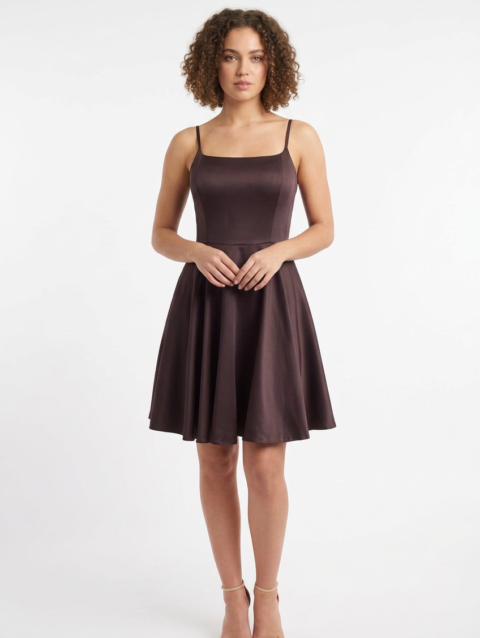 Mannequin portant la robe courte évasée marron foncé 'Cocoa' avec fines bretelles et encolure carrée, de la marque Divine Dress.