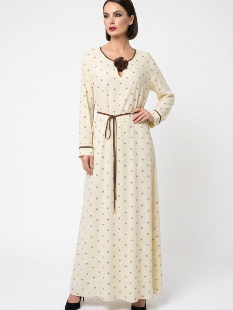 Mannequin portant la robe longue crème à petits motifs 'Clarity', avec manches longues, fleur décorative au col et fine ceinture à nouer marron, de la marque Divine Dress.