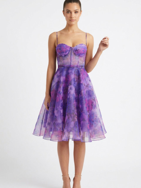Mannequin portant la robe courte violette à imprimé floral 'Blossom' avec corsage bustier et jupe évasée, de la marque Divine Dress.