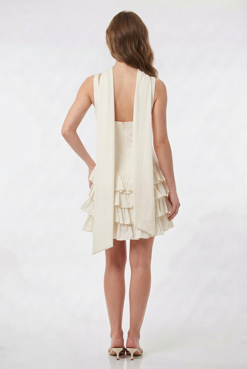 Mannequin portant la robe courte blanche 'Royal Grace' avec jupe à volants, encolure carrée et détail foulard, de la marque Divine Dress