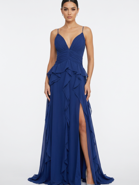 Mannequin portant la robe longue de soirée bleu nuit 'Midnight Cascade' avec décolleté en V plongeant, volants en cascade et fente latérale, de la marque Divine Dress.