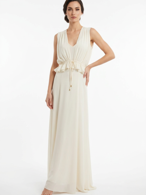 Mannequin portant la robe longue fluide blanc cassé 'Athena' avec décolleté en V, taille froncée à cordon et détails volantés, de la marque Divine Dress.