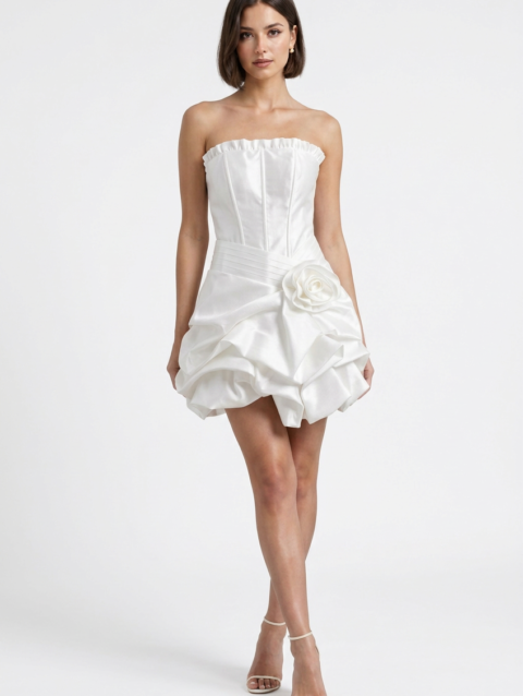 Mannequin portant la robe courte bustier en satin blanc 'Satin Petal', ornée d'une fleur à la taille et d'une jupe volumineuse drapée, signée Divine Dress.