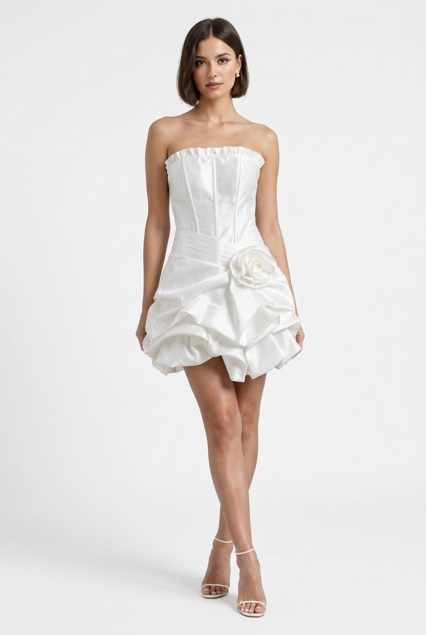 Mannequin portant la robe courte bustier en satin blanc 'Satin Petal', ornée d'une fleur à la taille et d'une jupe volumineuse drapée, signée Divine Dress.