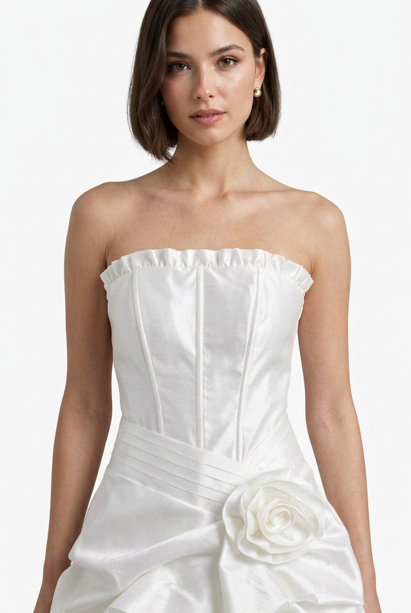 Mannequin portant la robe courte bustier en satin blanc 'Satin Petal', ornée d'une fleur à la taille et d'une jupe volumineuse drapée, signée Divine Dress.