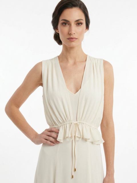 Mannequin portant la robe longue fluide blanc cassé 'Athena' avec décolleté en V, taille froncée à cordon et détails volantés, de la marque Divine Dress.