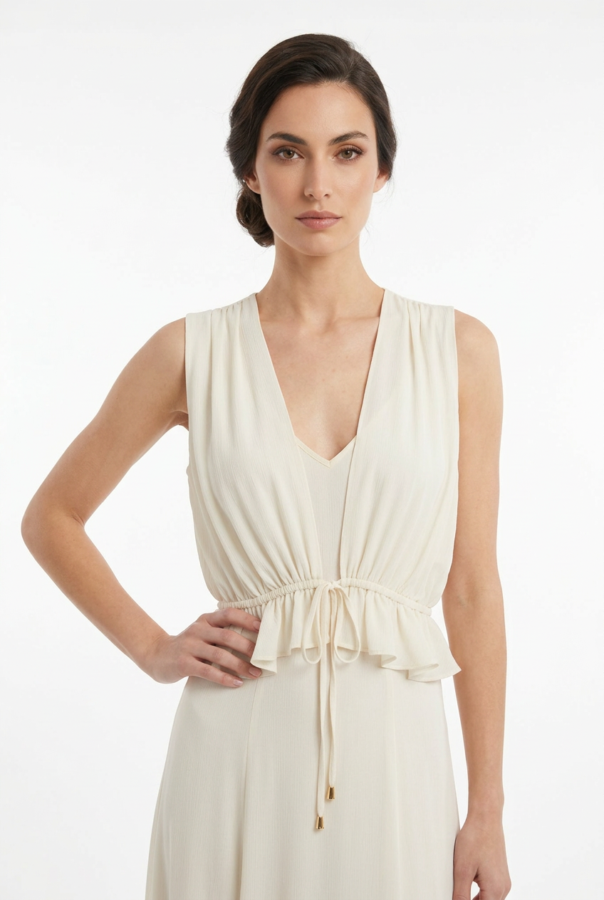 Mannequin portant la robe longue fluide blanc cassé 'Athena' avec décolleté en V, taille froncée à cordon et détails volantés, de la marque Divine Dress.