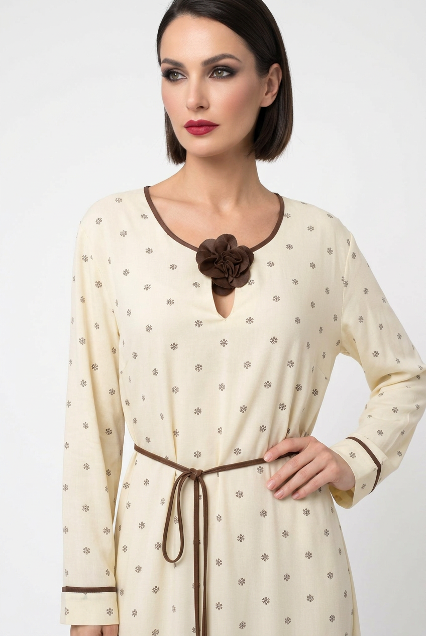 Mannequin portant la robe longue crème à petits motifs 'Clarity', avec manches longues, fleur décorative au col et fine ceinture à nouer marron, de la marque Divine Dress.