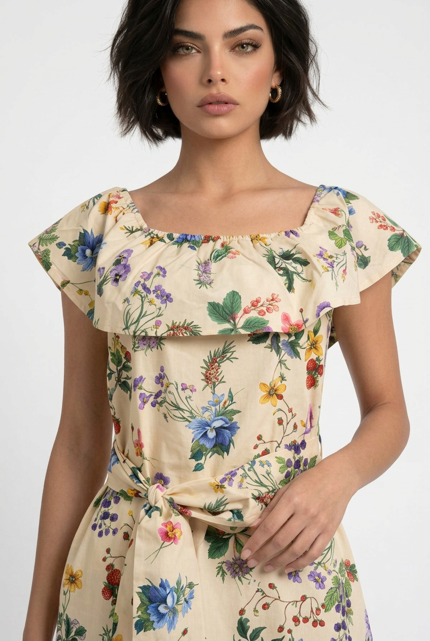 Mannequin portant la robe courte beige clair à imprimé floral 'Bow Elegance', avec large volant à l'encolure et ceinture nouée, de la marque Divine Dress
