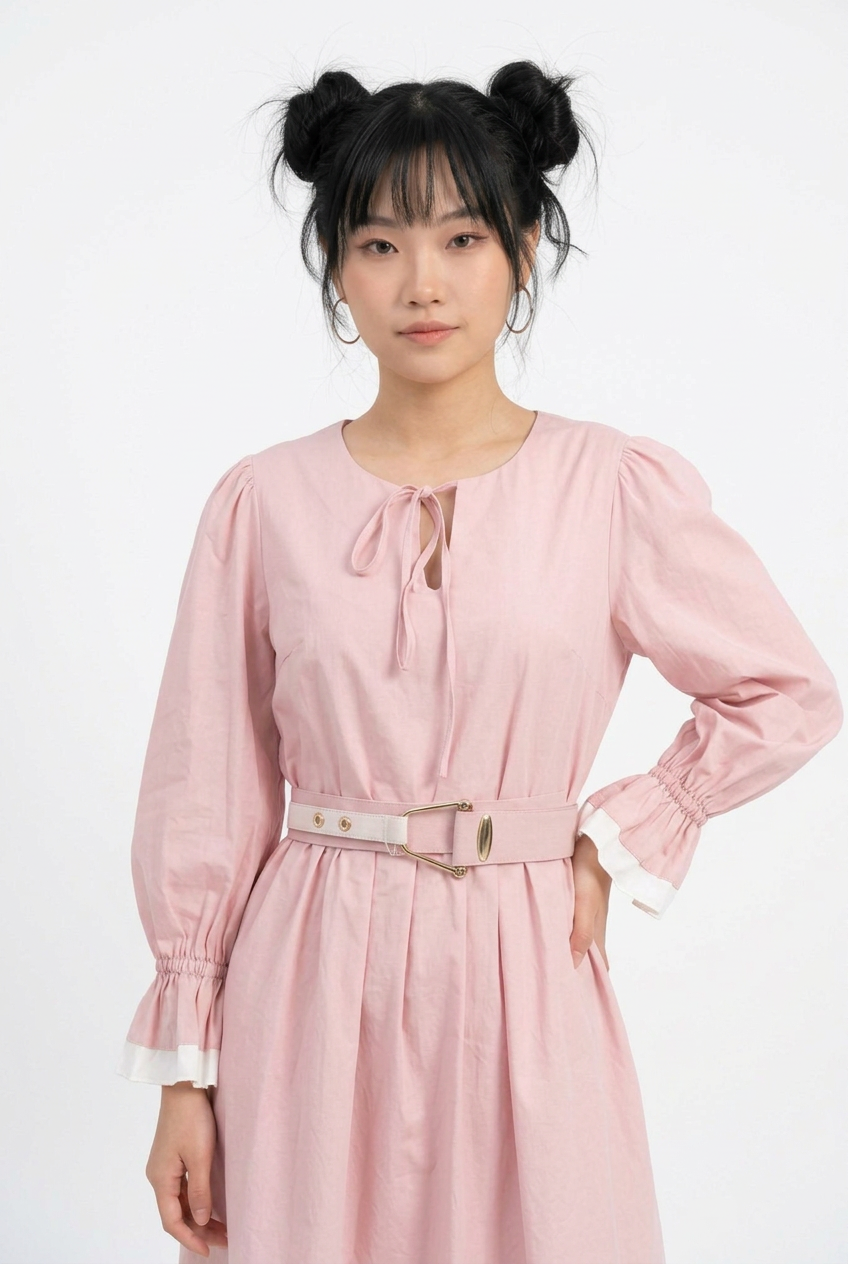 Adoptez un style doux et féminin avec la robe rose'Azure' de Divine Dress. Finitions blanches délicates, col à nouer et taille ceinturée. Commandez-la.