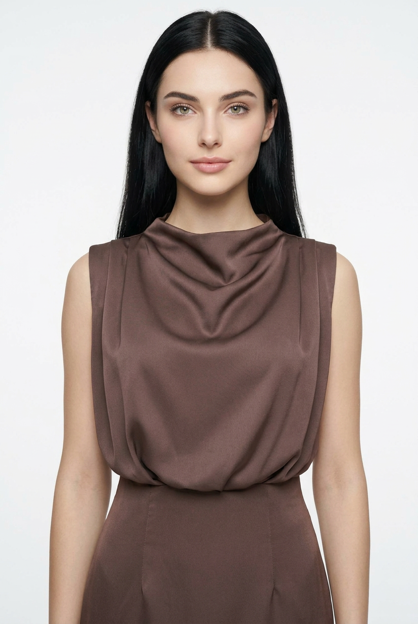 Mannequin portant la robe courte marron 'Breeze' avec col bénitier drapé et ourlet en dentelle noire, de la marque Divine Dress.